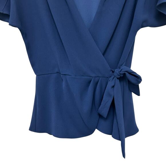 Trina Turk Navy Astro Short Flutter Sleeve Wrap Front Top Womens Medium - Picture 3 of 7